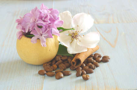 Coffee beans cinnamon with Purple Lilac white blossom flower still life background template. Vintage...