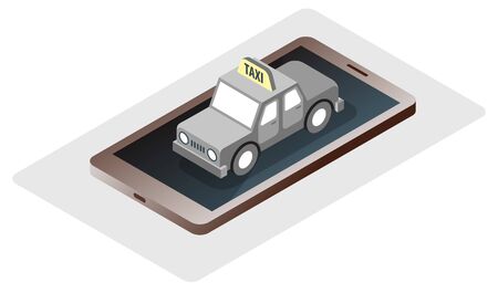 Mobile modern gadget with taxi car urban online travel service concept vector illustration. Automobile trip call transport booking.のイラスト素材