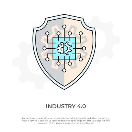 Industry 4.0 vector illustration. Security industrial machine learning concept. AI process automation technology development image.のイラスト素材