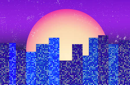 Night cityscape modern urban vector illustration. Skyscraper skyline dark scene background.のイラスト素材