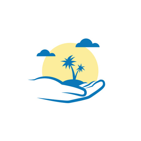 Sunrise tropical trees hand symbol travel summer illustration.のイラスト素材