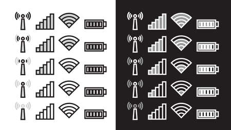Wifi network battery level mobile phone icons set on black and white backgrounds.のイラスト素材