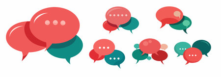 Set colorful speech bubbles in red green colors conversation between two people, discussion media social comments feedbackのイラスト素材