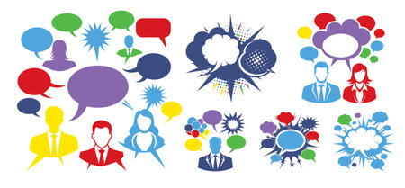 Collection colorful speech bubbles with people silhouettes various communication concepts, chat conversation dialogue talkのイラスト素材