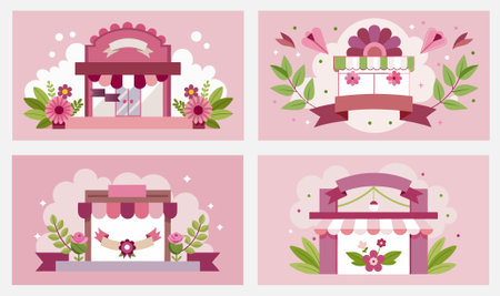 Flower shop template with various pink buildings flowers, plants garden bloom decorationのイラスト素材