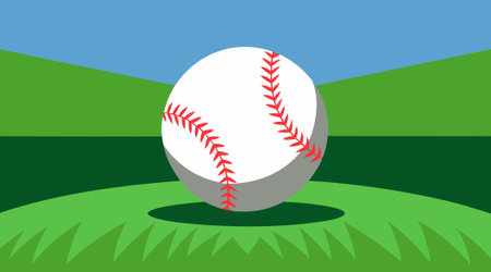 Baseball ball green baseball ball on green grass field with blue sky green hills on background, sport gameのイラスト素材
