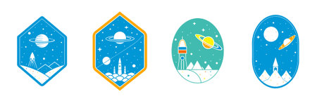 Set simple space exploration-themed designs featuring planets rocket mountains in various geometric shapes with blue orange main colors,のイラスト素材