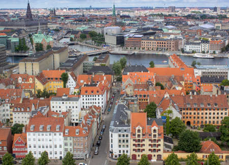 Close-up of houses with streets and canals. Fantastic view from aboveの写真素材