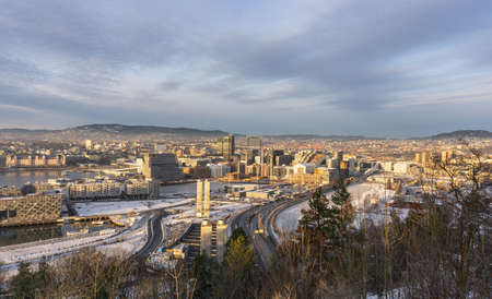 Top view on modern Oslo. Sunny, winter day. Both individual buildings and the general plan are clearly visible.のeditorial素材