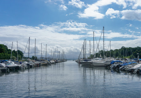 This photo depicts a serene parking area for yachts nestled within the breathtaking Scandinavian...