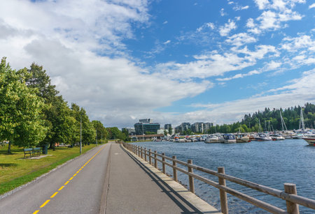 The empty bicycle path is separated from the pedestrian path by a yellow dotted line. The path is fenced off from the sea by a wooden fence. Sunny summer day in Oslo near the fjord.の写真素材