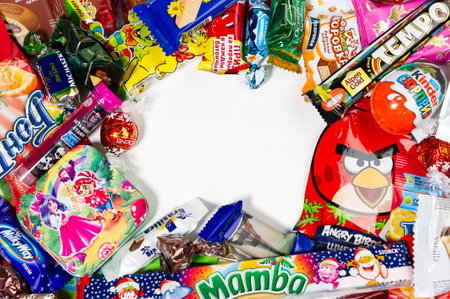 Moscow, Russia - January 02, 2016: Kinder Surprise, Angry Birds, Lindor, Milky Way, Tempo, Mamba,...
