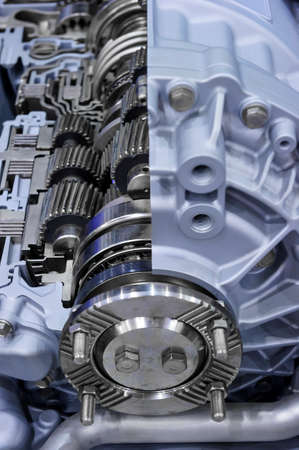 Gearbox cross-section, engine industry, sprockets, cogwheels and bearings of automotive transmission...