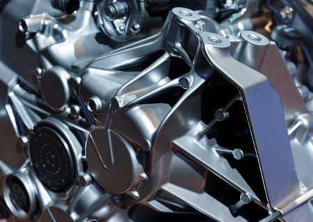 Engine of racing car, detail of modern powerful automobile motor with metal parts, abstract,...