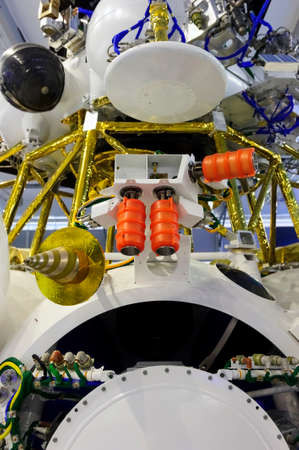 Spaceship module, orbital spacecraft with satellite, solar panel and opened hatch, modern aerospace industryの写真素材
