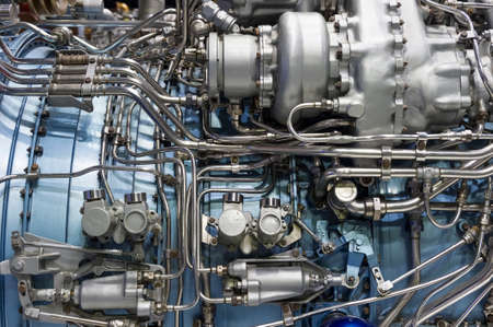 Jet engine, internal structure with hydraulic, fuel pipes and other hardware and equipment, aviation, aircraft and aerospace industryの写真素材
