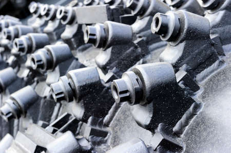 Mining industry, borer of tunnel drilling machine for coal mines in colliery, coal-cutter, equipment for crushing and grinding rock formation, selective focusの写真素材