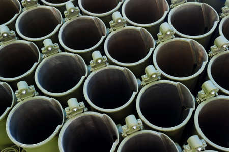 Jet missile launcher barrels abstraction, military industry, heavy mobile flamethrower system, green thermobaric ballistic weapon complex, modern army, selective focusの写真素材