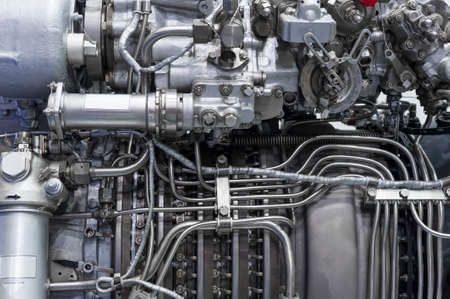 Engine of fighter jet, internal structure with hydraulic, fuel pipes and other hardware and...