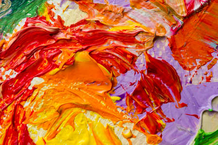 Oil paints mixed on canvas, artist's palette, material texture, studio shot, colorful abstract art...