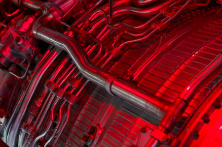 Fighter jet engine exhaust, military aircraft rear view, plane nozzle with part of wing and fuselage...