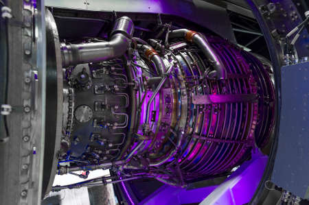 Jet engine, internal structure with hydraulic, fuel pipes and other hardware and equipment, aviation, aircraft and aerospace industryの写真素材