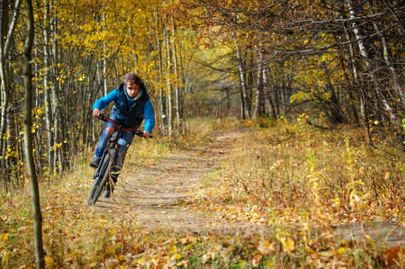 Extreme cyclist riding on a mountain bike in autumn colorful deciduous forestの写真素材