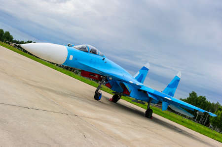 Fighter jet, military bomber plane on airfield runway, modern army, aviation and aerospace industry, supersonic air forceの写真素材