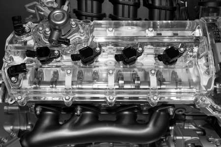 Detail of car engine, vehicle motor with metal, chrome, plastic parts, automobile industry,...
