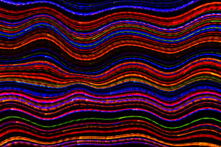 Neon wavy lights, bright laser wave background, modern nightlife and party concept, disco and dancing nightclubs patternの写真素材