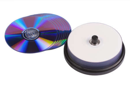 some blank writable DVD discs on white backgroundの写真素材