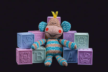 Socks toy monkey sits on bricks on black backgroundの写真素材