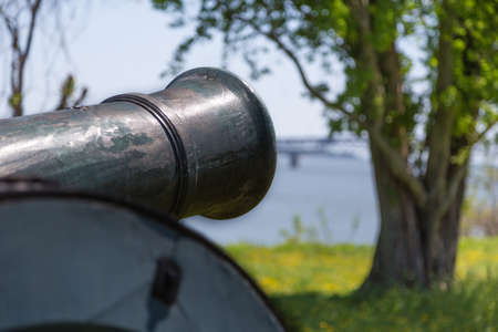 Old blue cannon on green grassの写真素材