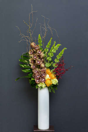 Floral arangement with Cymbidium and James Storey orchids, Hydrangea, Curly willow, Yellow pin cushion protea, moluccella and greenery in white cylinder vaseの写真素材