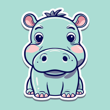 Cute cartoon hippo sticker. Vector illustration isolated on blue background.のイラスト素材