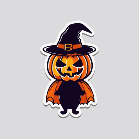 Halloween pumpkin sticker with witch hat and broom. Vector illustration.のイラスト素材