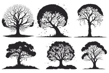 collection of big tree silhouettes in summer on isolated white backgroundのイラスト素材