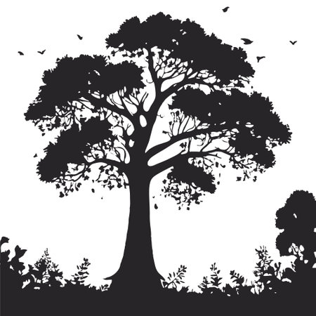 silhouette of big tree in summer on isolated white backgroundのイラスト素材