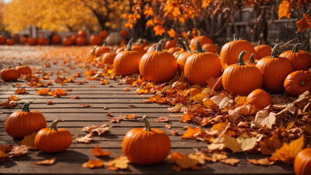 Orange pumpkins and autumn leaves on outdoor background, generative AIの素材