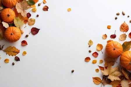 Orange pumpkins and autumn leaves on plain white surface, generative AIの素材