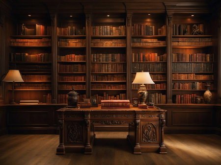 Luxury library interior with bookshelf and leather armchairの素材