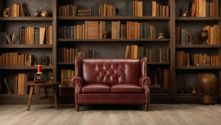 Interior of a library with bookshelf and brown leather sofaの素材