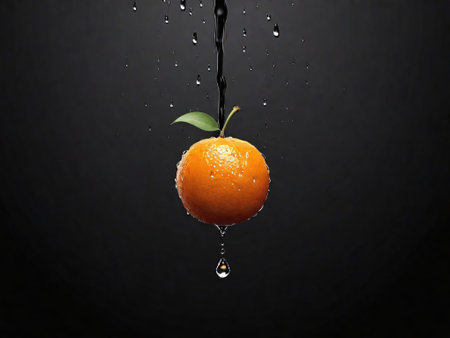 Fresh tangerine falling into water with splash on black background.の素材