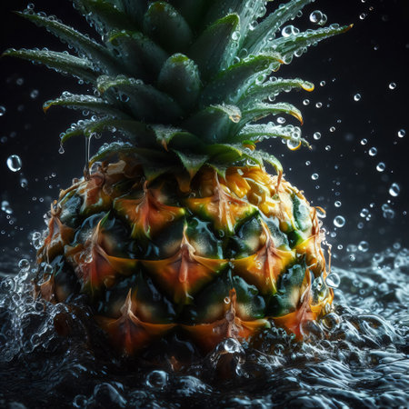Pineapple with water splashes on dark background, close upの素材