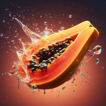 Papaya with water splash on dark background. 3d renderingの素材