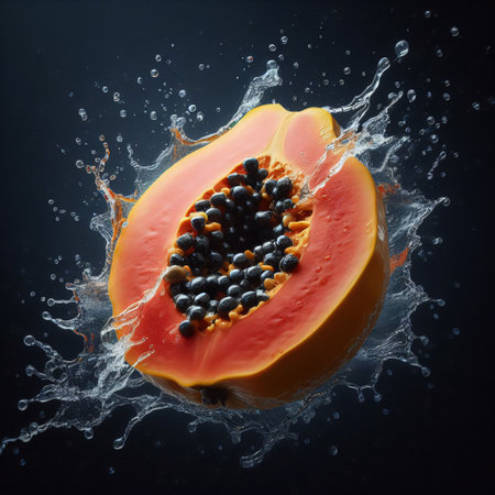 Papaya fruit with water splash on dark background. 3d renderingの素材