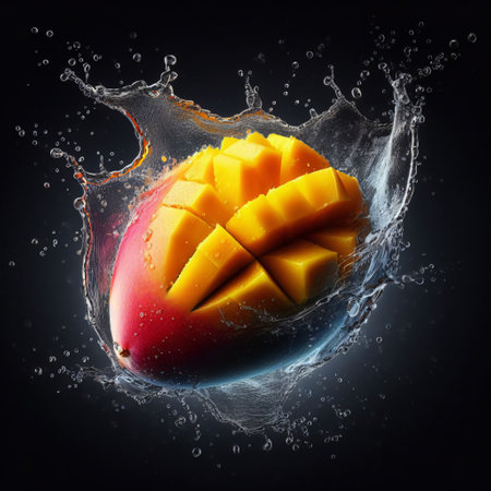Mango fruit with water splash on dark background. 3d renderingの素材