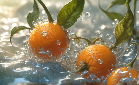 Tangerines in water with bubbles, closeup. Fresh fruitsの素材
