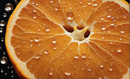 slice of orange with water drops on a black background, close-upの素材