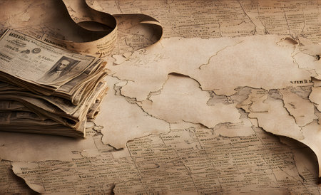 worn, torn, dull, dusty newspaper texture, paper texture background.の素材